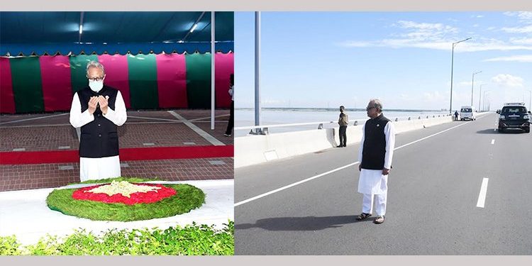 পদ্মা সেতু হয়ে টুঙ্গিপাড়ায় পৌঁছে বঙ্গবন্ধুর মাজারে রাষ্ট্রপতির ফাতেহা পাঠ