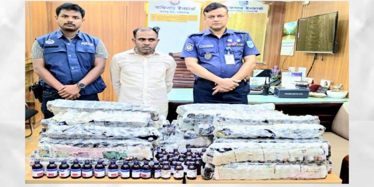 রুপগঞ্জে অবৈধ ১১০৭ বোতল স্কাফ সিরাপ সহ গ্রেপ্তার ১